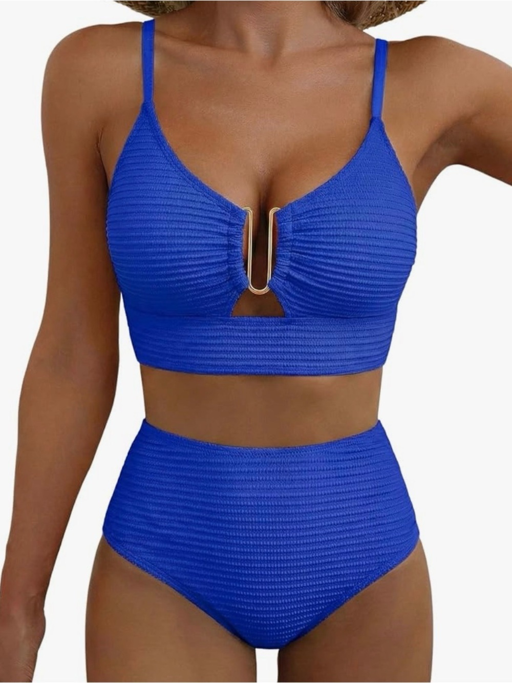 Blue High-Waist Textured Bikini Set with Decorative U-Bar